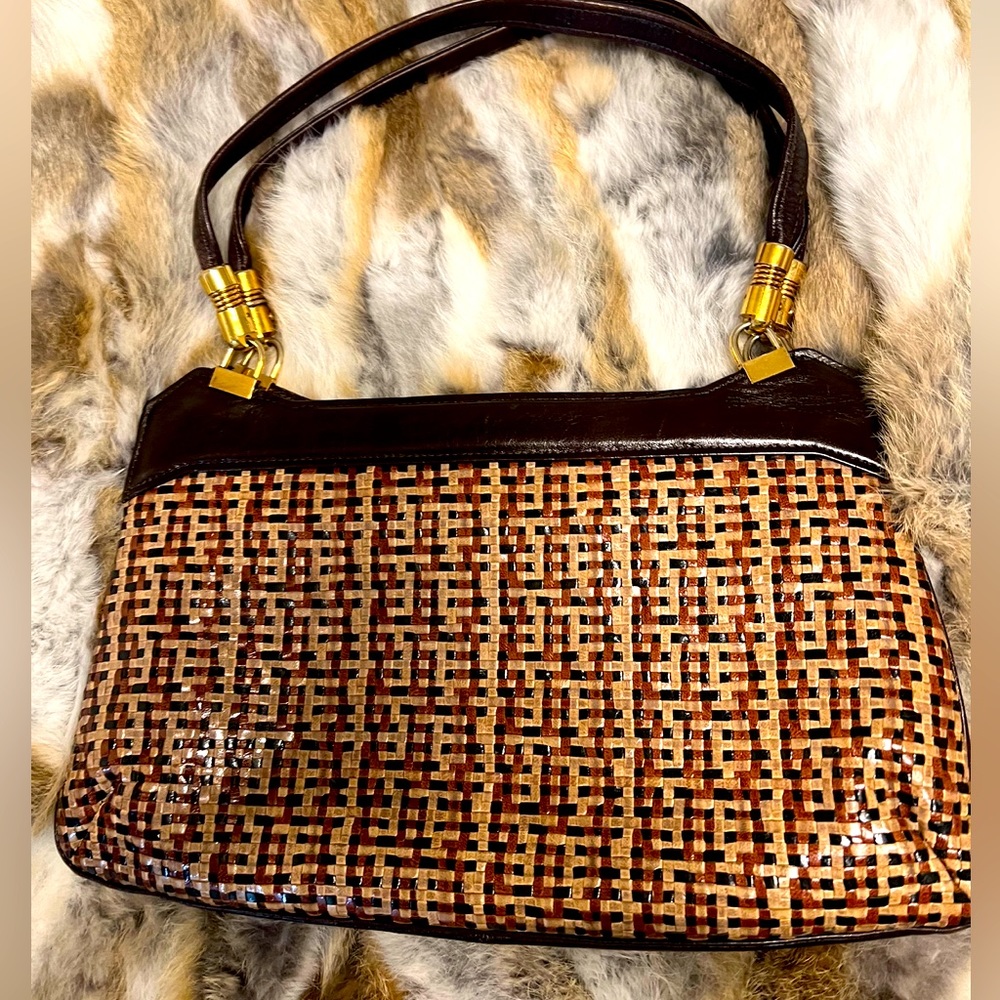 Vintage Woven Leather Designer Handbag Purse Brown w Gold Details Made In Japan